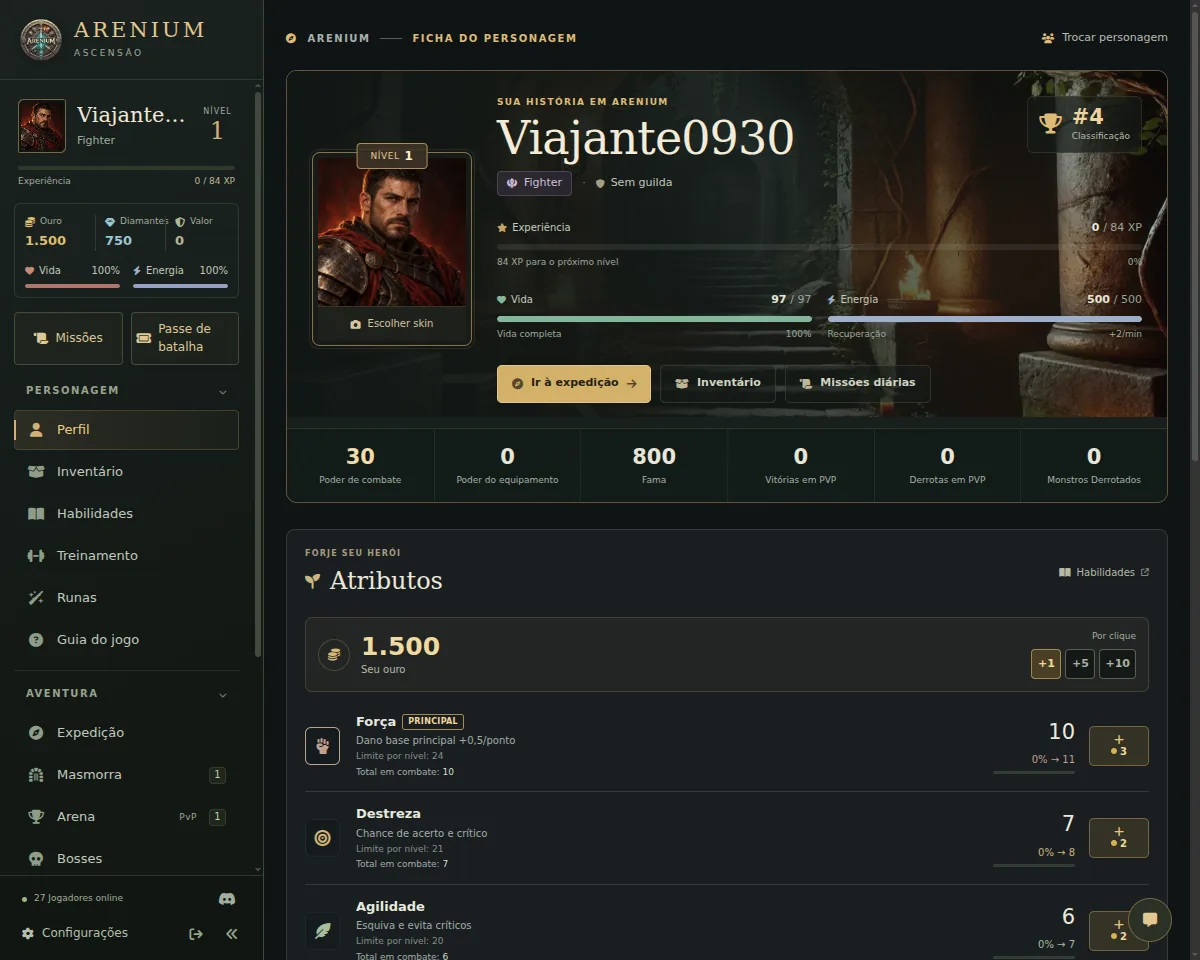 A real Arenium game screen showing a hero, attributes and game navigation.